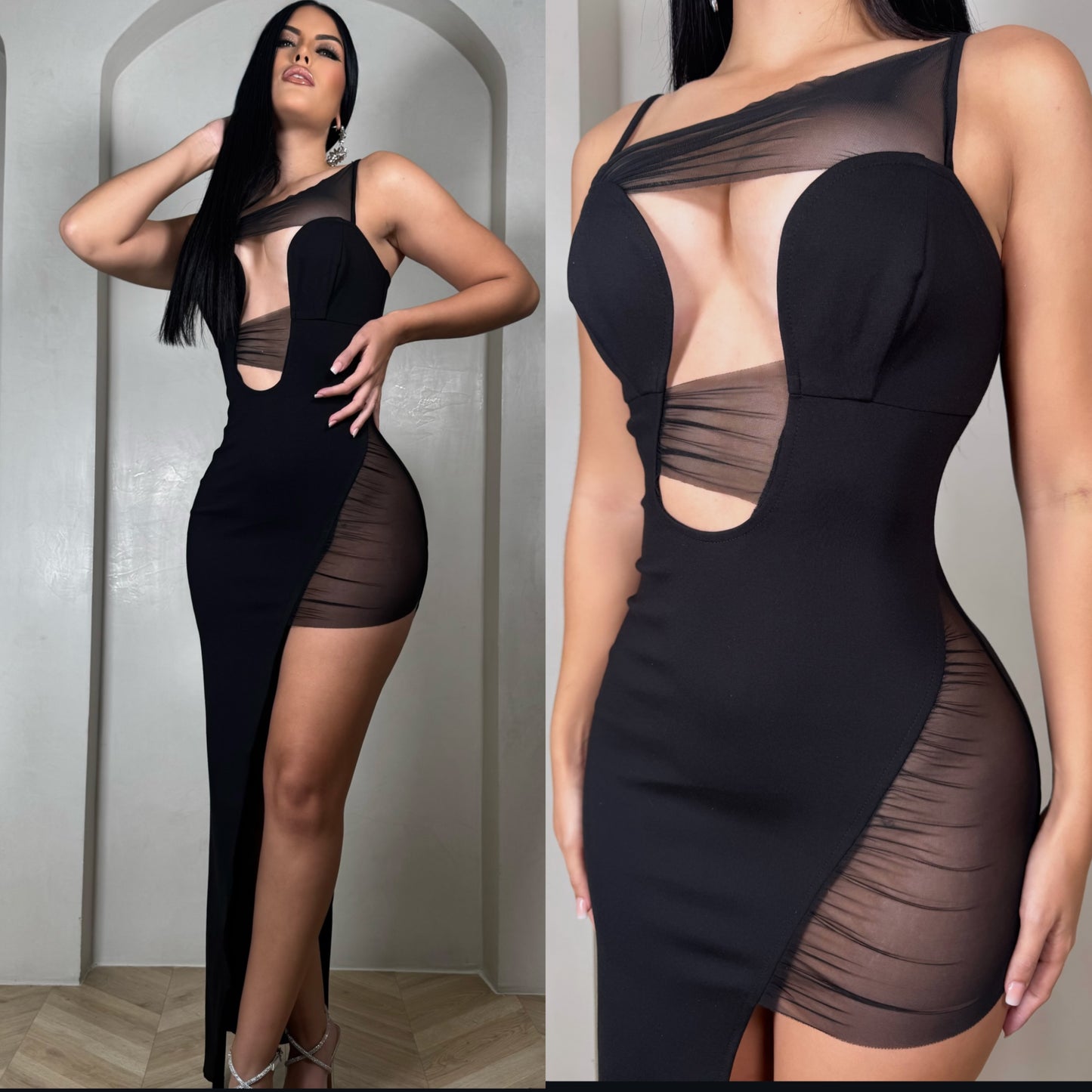 Vestido negro licra y mesh