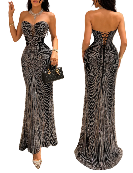Vestido negro/dorado pedrería corset 🖤✨