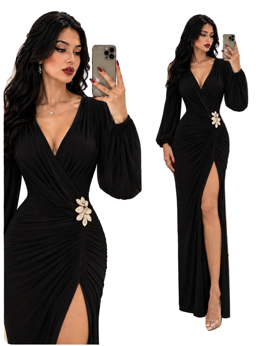 Vestido negro mesh broche dorado