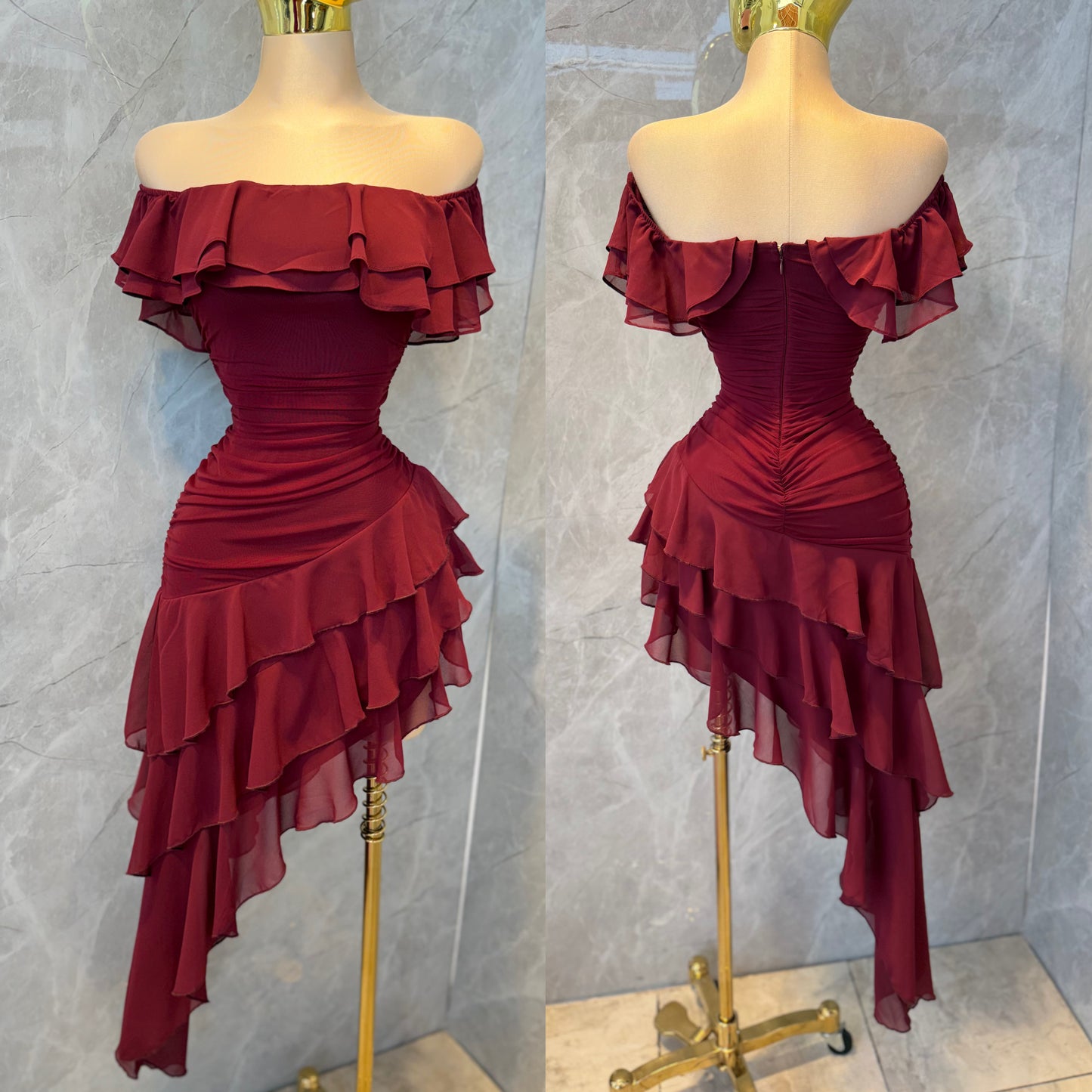 Vestido tinto mesh y chiffon 🍷