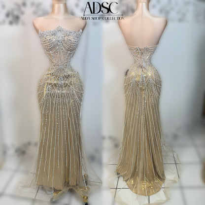 Vestido dorado pedrería plateada corset ✨