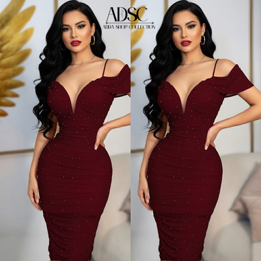 Vestido tinto mesh y perlas 🍷