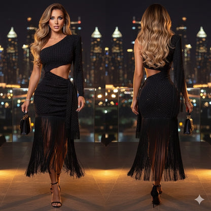 Vestido negro asimétrico pedrería 🖤