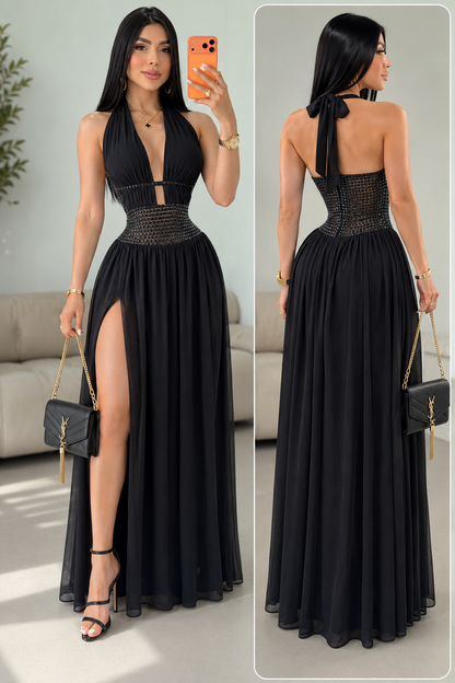 Vestido negro pedrería cuello halter 🖤