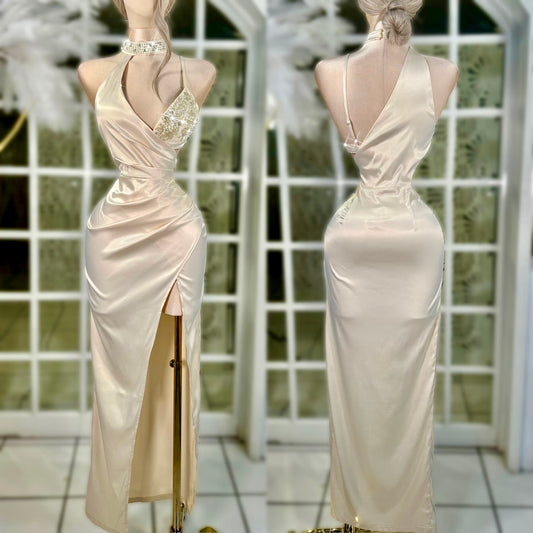 Vestido satín beige