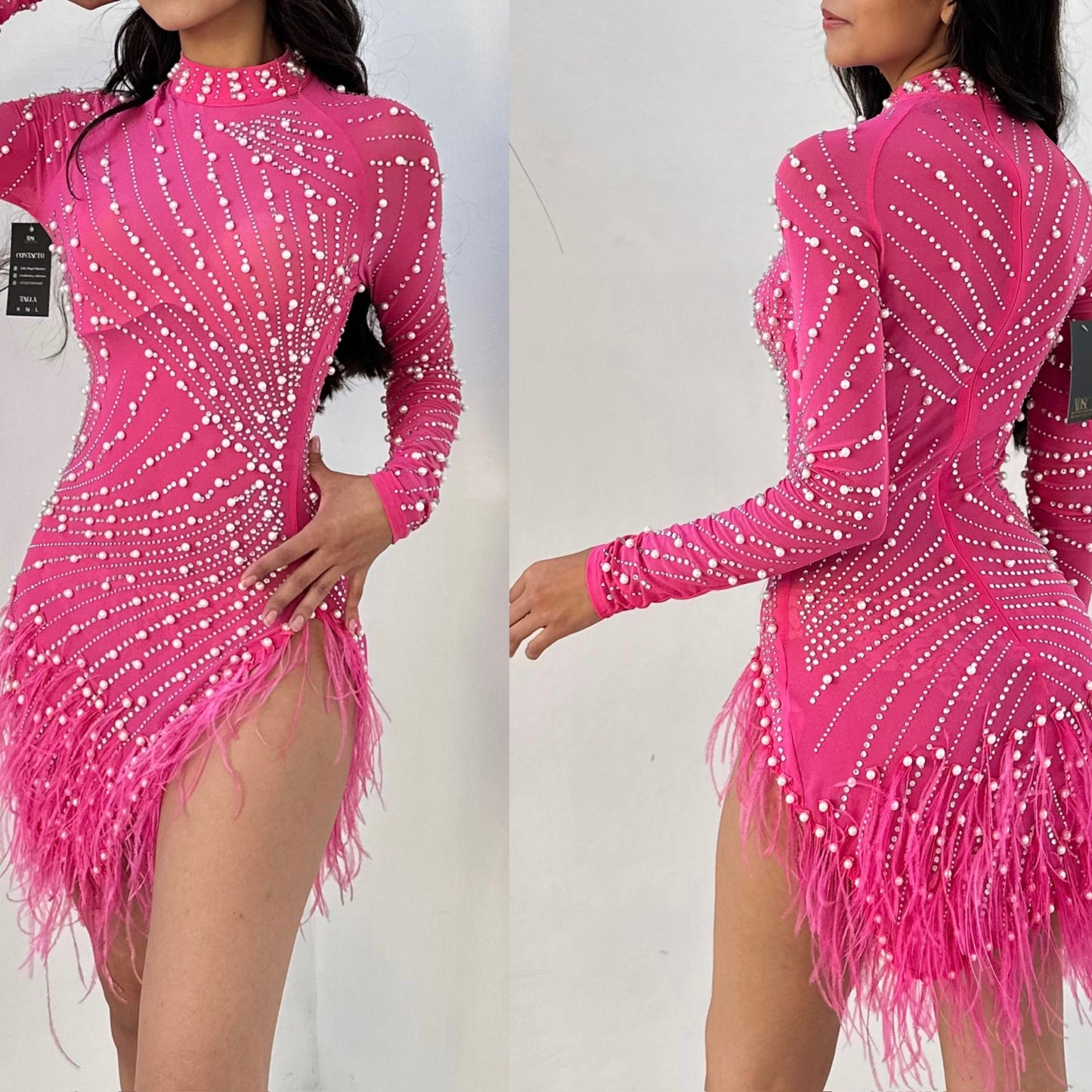Vestido rosa perlas y plumas 🌺