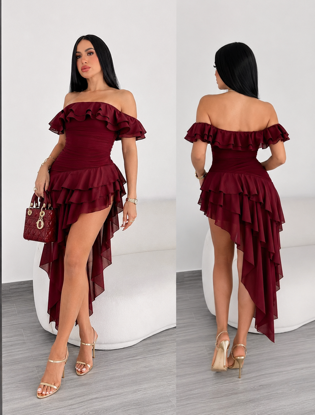 Vestido tinto mesh y chiffon 🍷