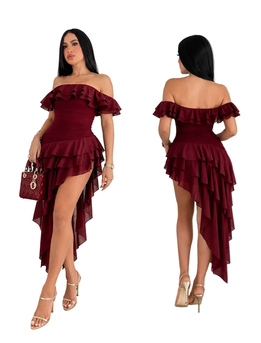 Vestido tinto mesh y chiffon 🍷