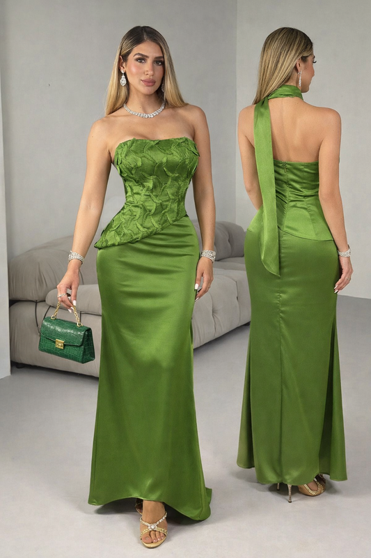 Vestido verde olivo satín 💚