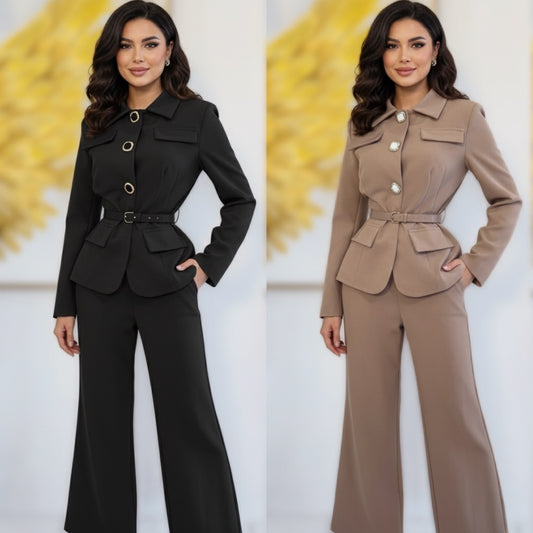 Conjunto saco + pantalón + cinto negro y beige