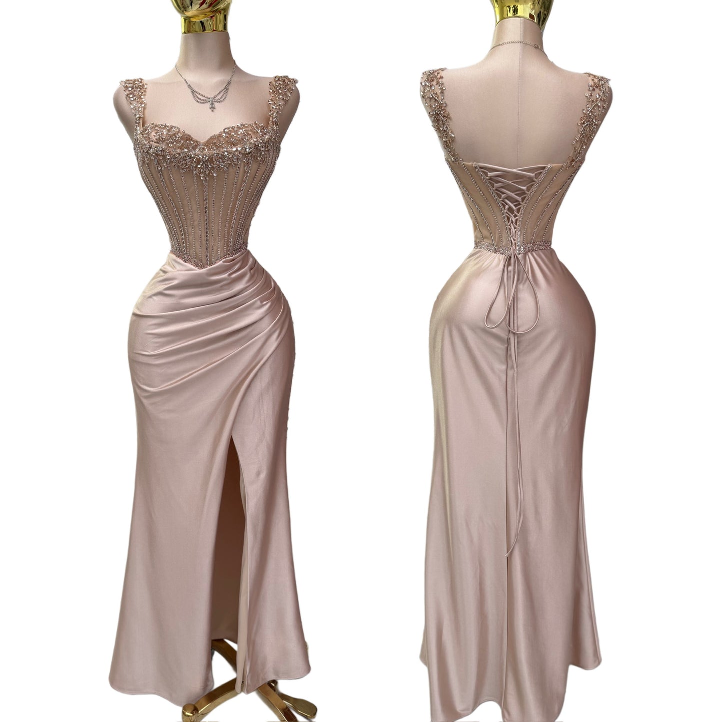 Vestido champagne corset pedrería ✨