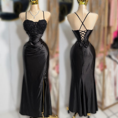 Vestido negro satín y corset 🖤✨
