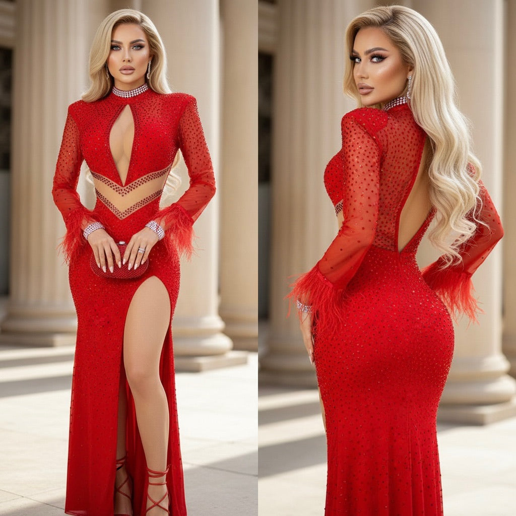 Vestido rojo plumas y pedrería ❤️