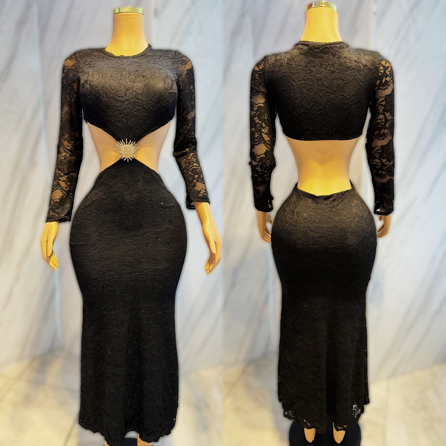 Vestido negro encaje y broche dorado ☀️✨