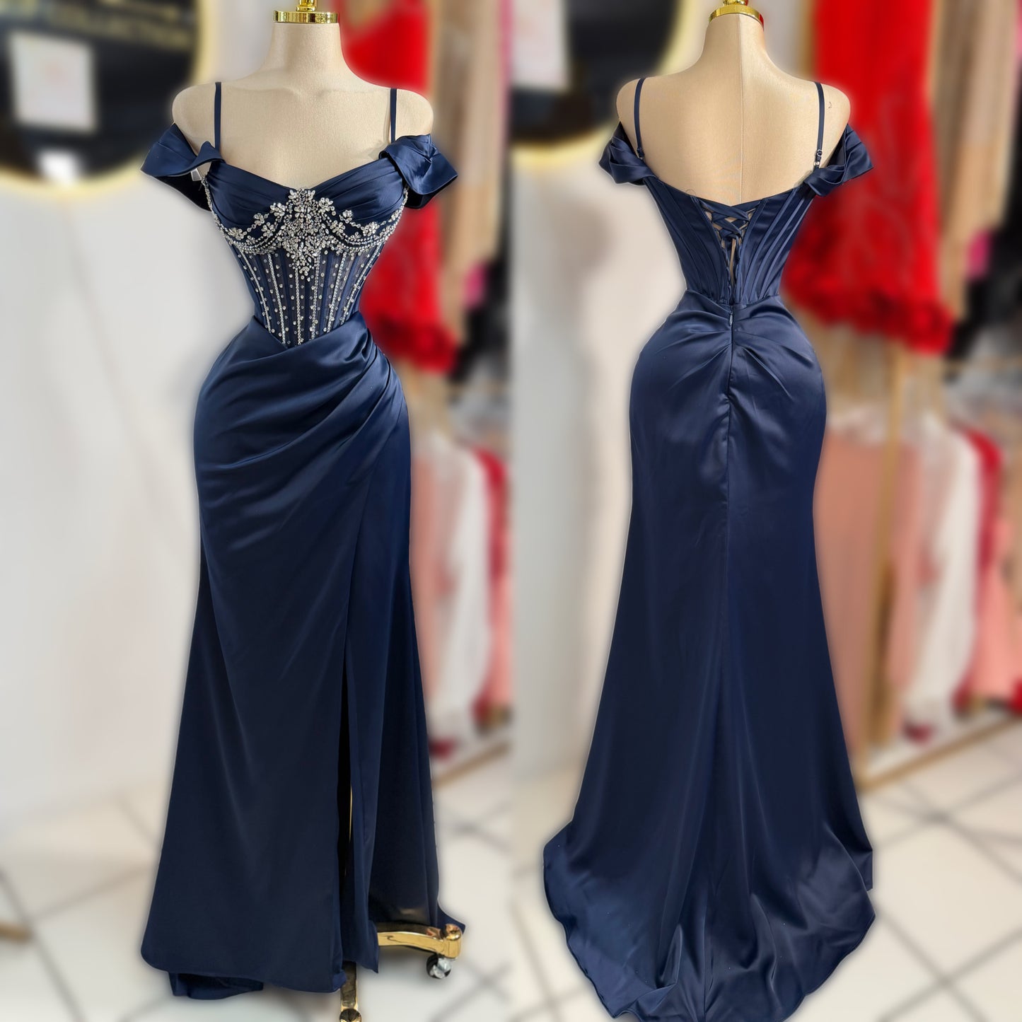 Vestido satín corset azul marino 💙