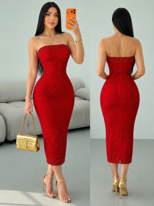 Vestido rojo perlas y pedrería ❤️✨