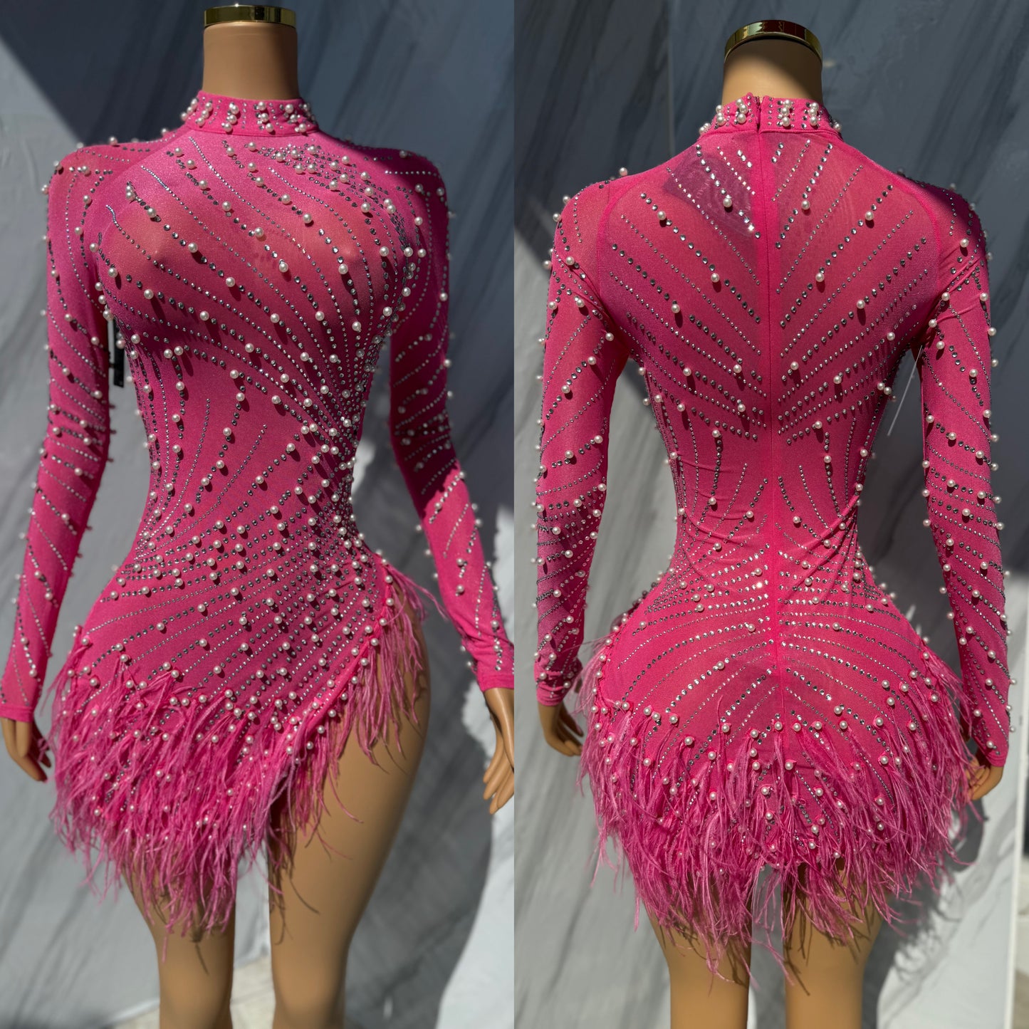Vestido rosa perlas y plumas 🌺