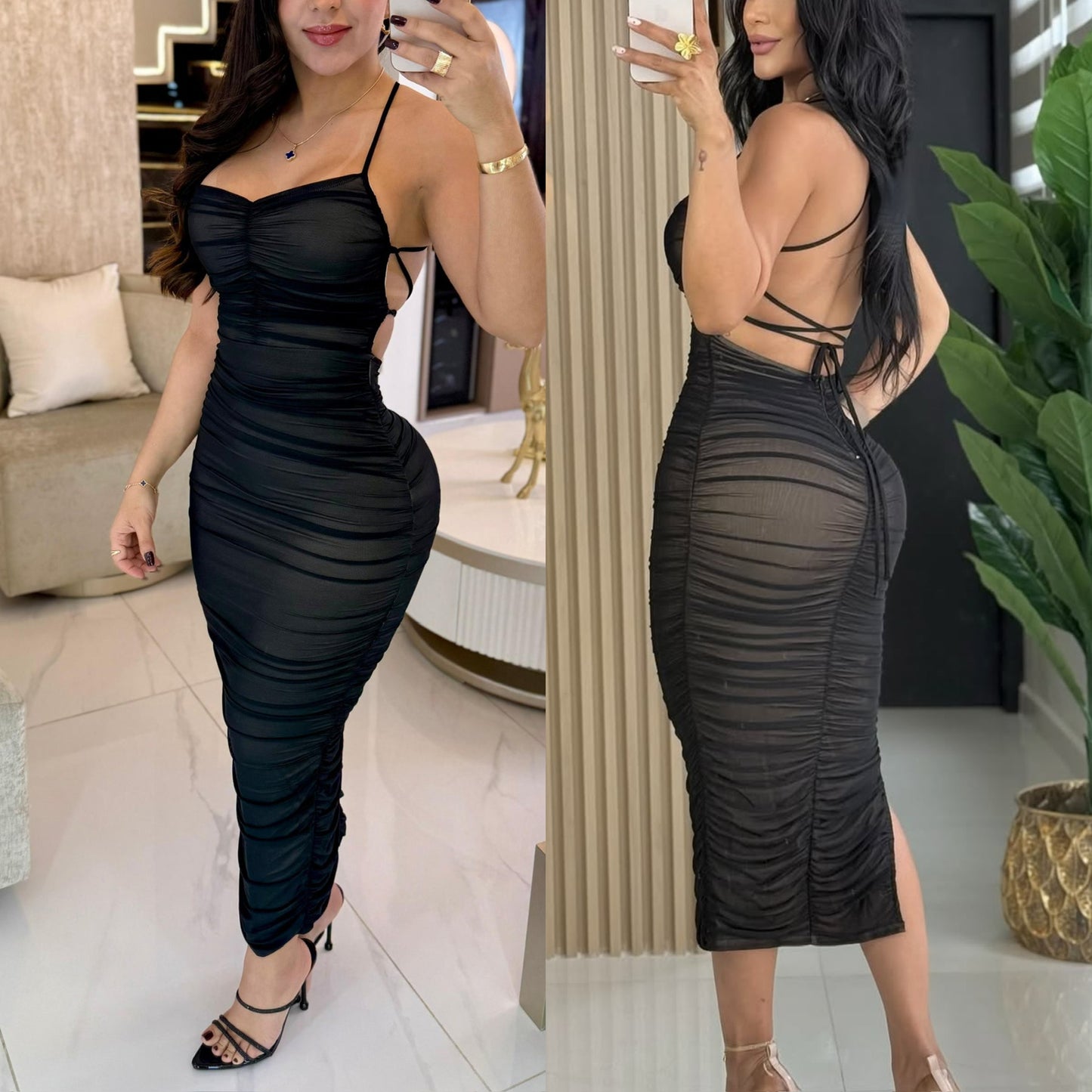 Vestido negro mesh fondo nude 🖤