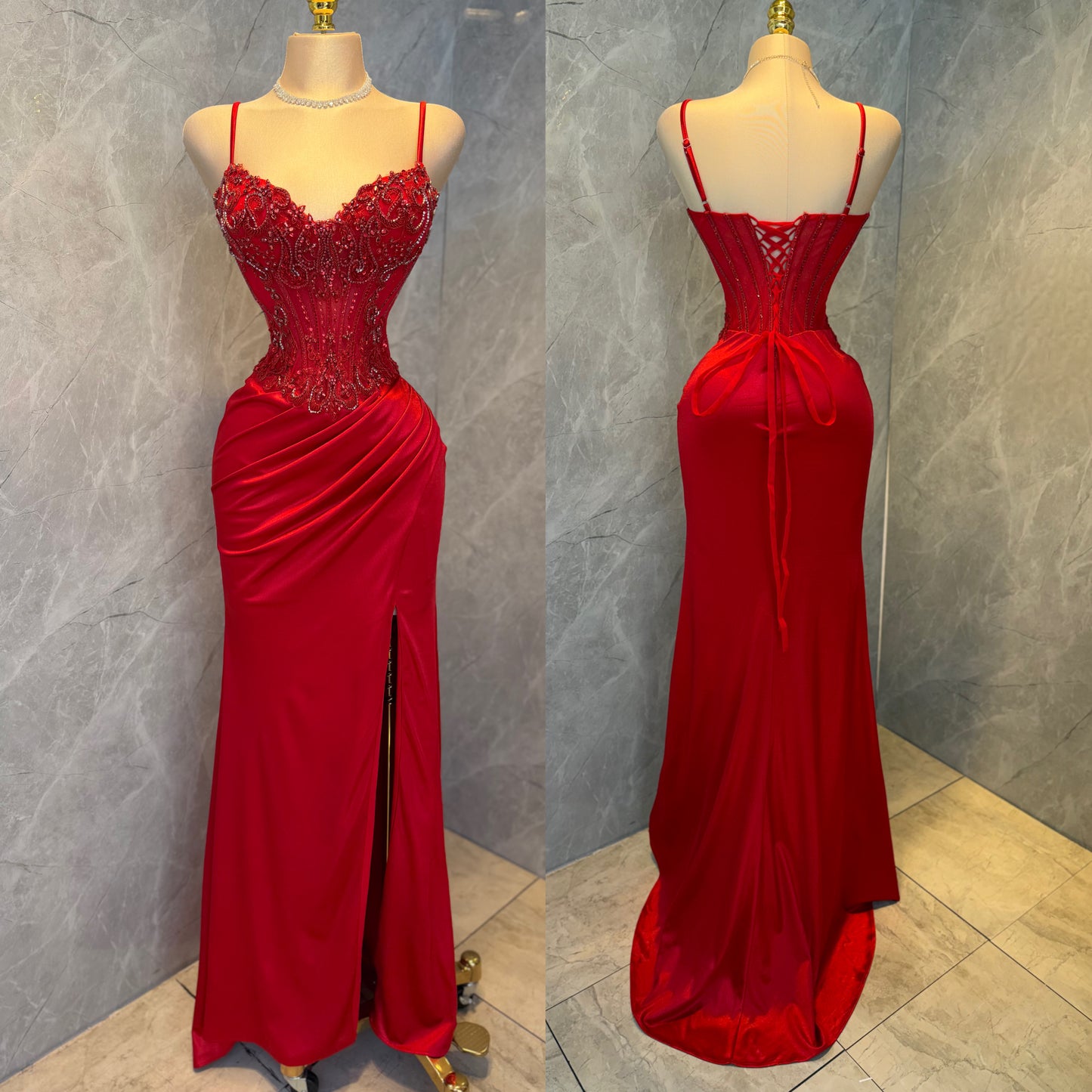 Vestido rojo corset pedrería 🌹