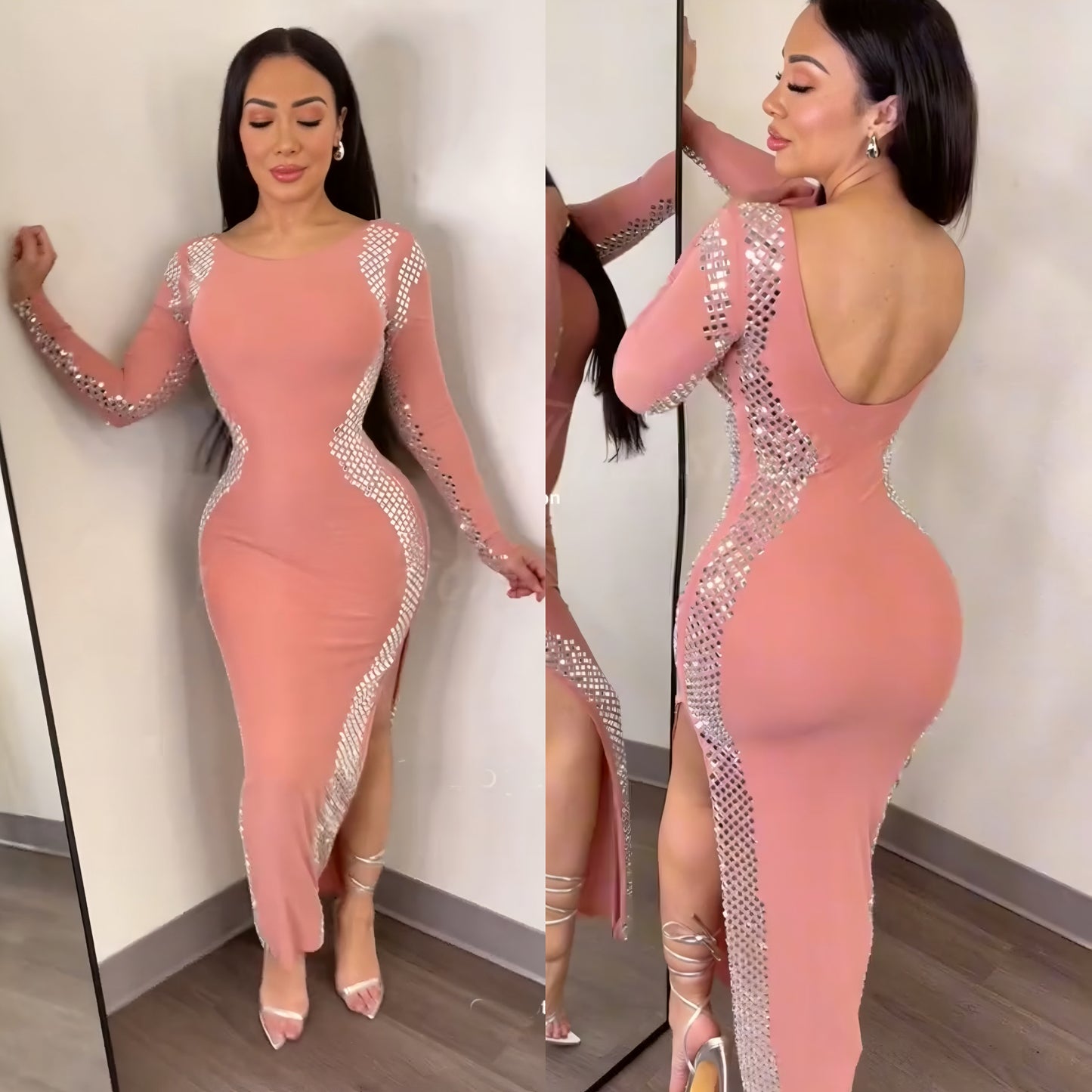 Vestido rosa palo pedrería ✨