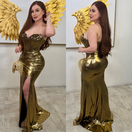 Vestido strapless dorado