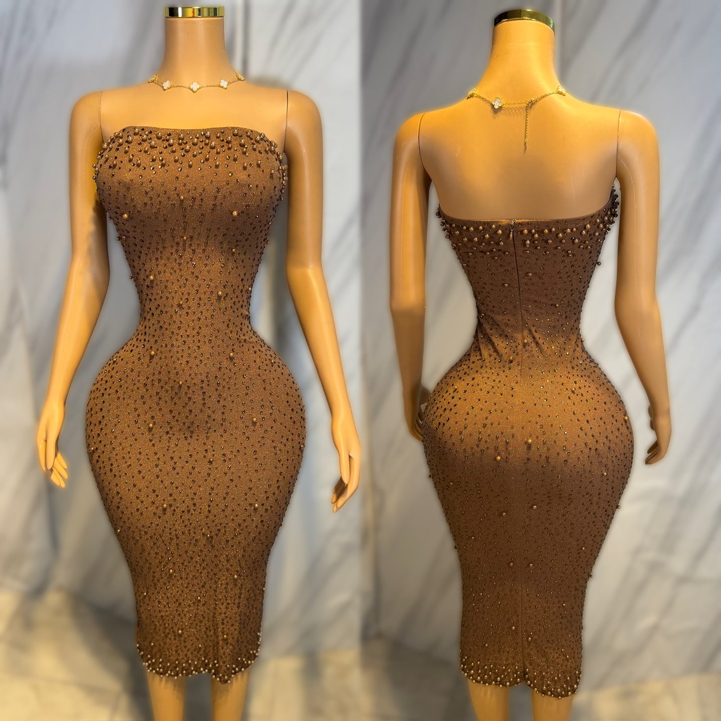 Vestido café perlas y pedrería 🥰✨