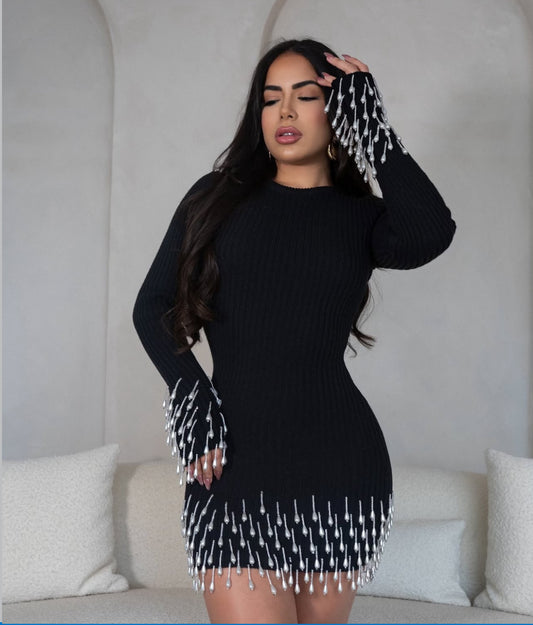 Vestido perlas negro tela de punto 🖤