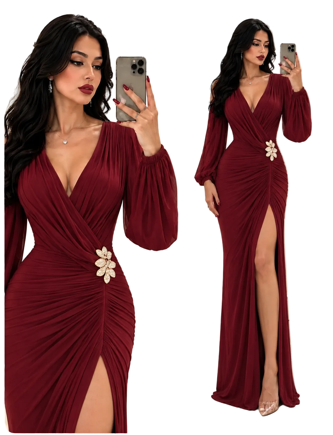 Vestido tinto mesh broche dorado
