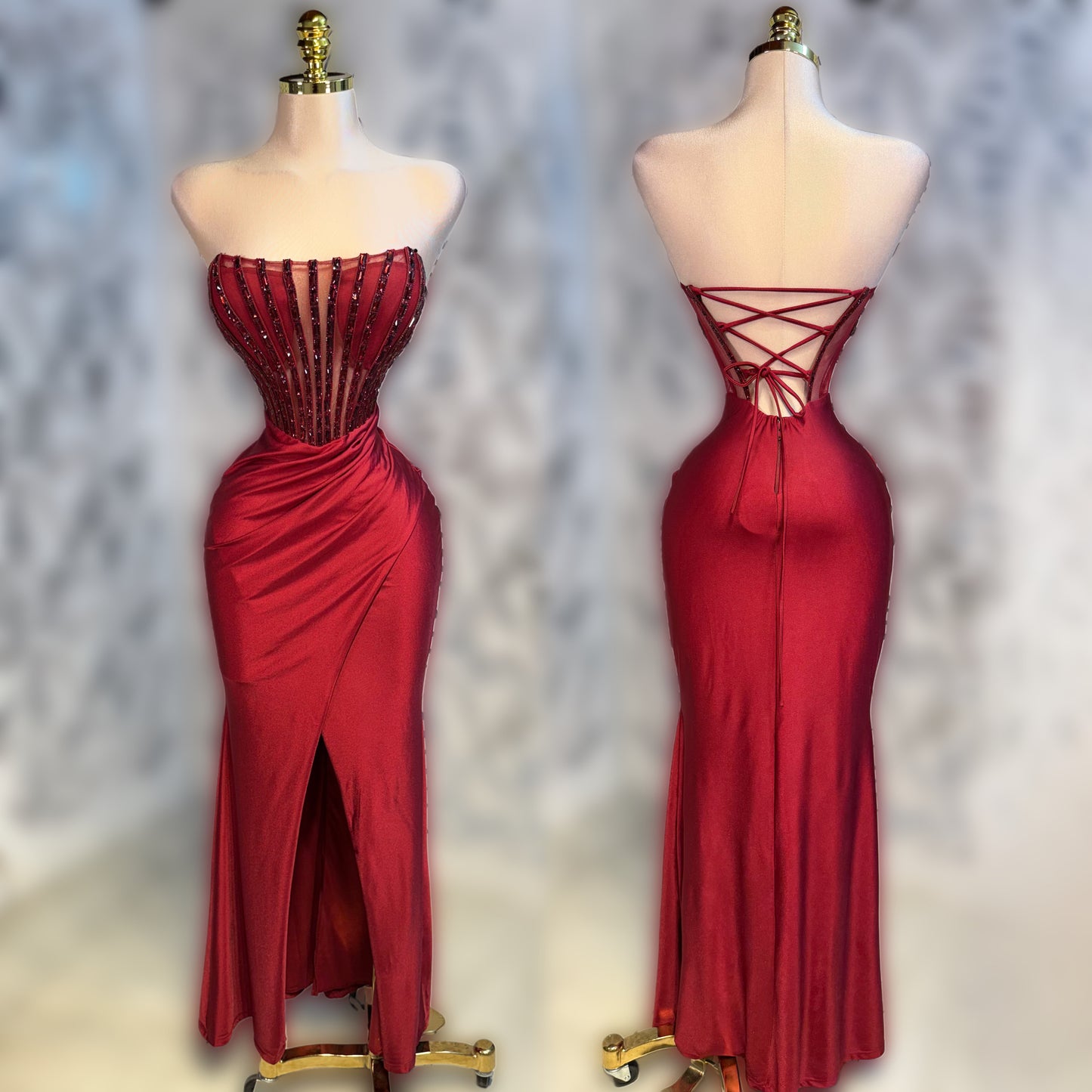 Vestido tinto licra y pedrería ❣️