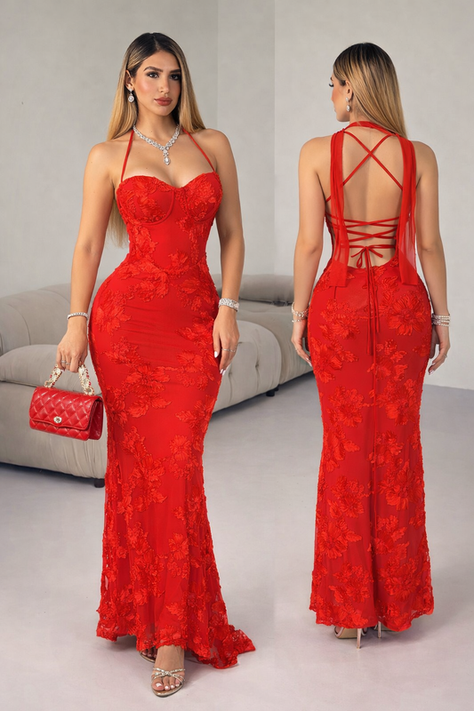 Vestido rojo corset bordado flores 🌹