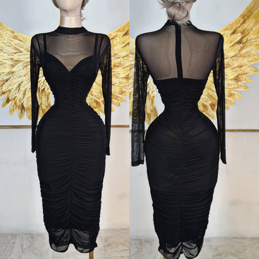 Vestido negro mesh drapeado