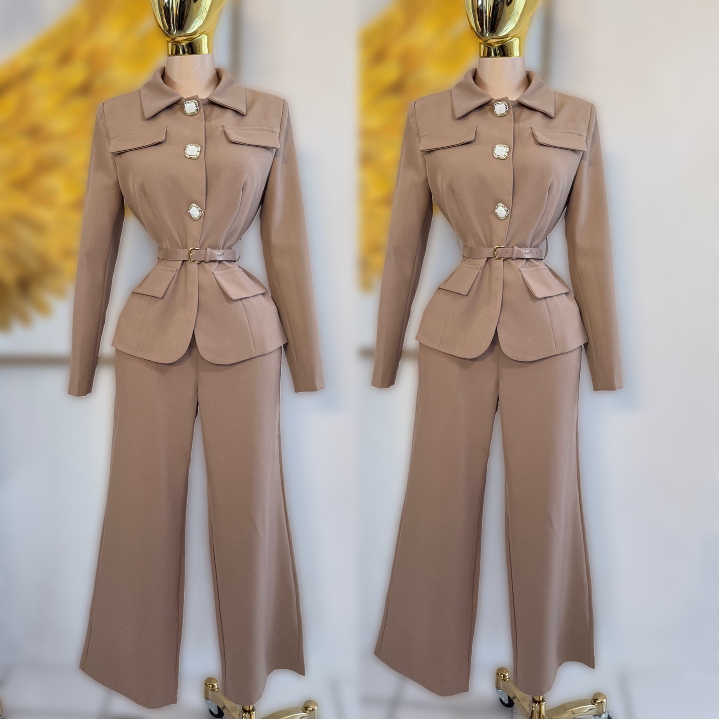 Conjunto saco + pantalón + cinto negro y beige