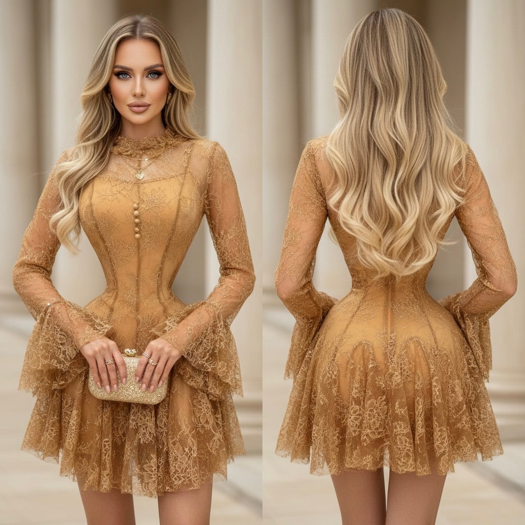 Vestido café encaje con lentejuelas 🤎✨