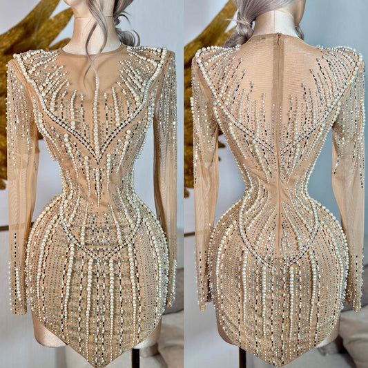 Vestido perlas y pedrería nude