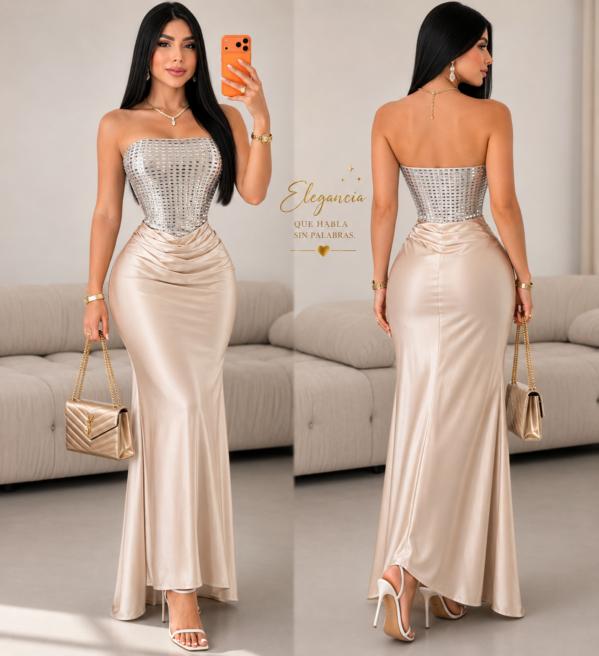 Vestido champagne licra satinada pedrería ✨