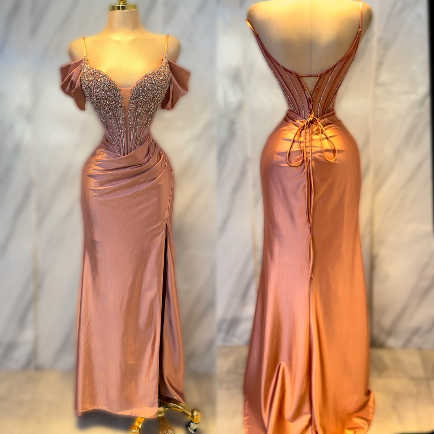 Vestido rosa pedrería y corset 🩷