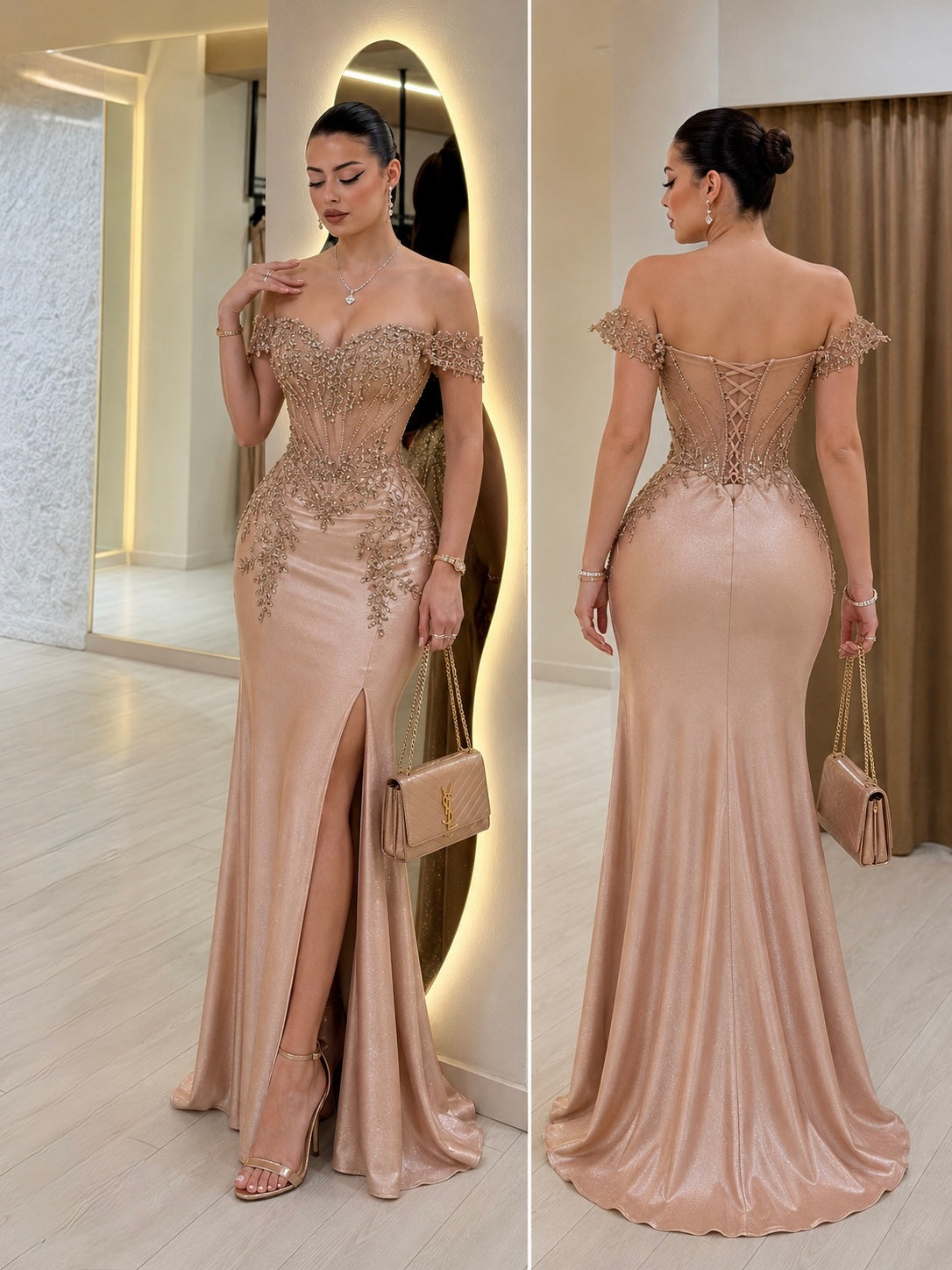 Vestido champagne corset glitter y pedrería ✨