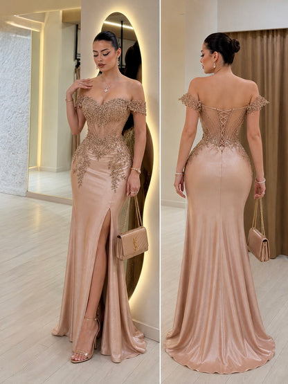 Vestido champagne corset glitter y pedrería ✨