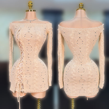 Mini vestido beige tejido pedrería ✨