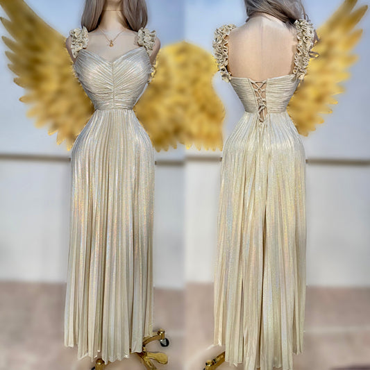 Vestido beige tornasol plisado✨