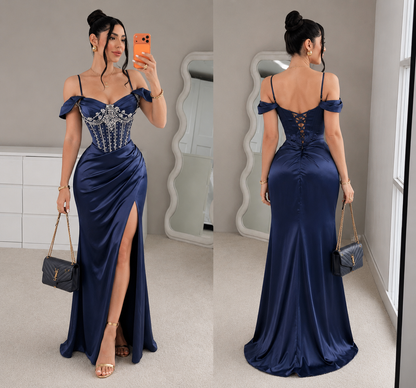 Vestido satín corset azul marino 💙