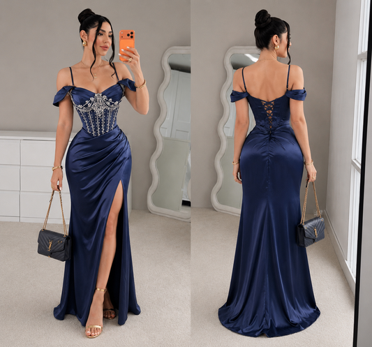 Vestido satín corset azul marino 💙