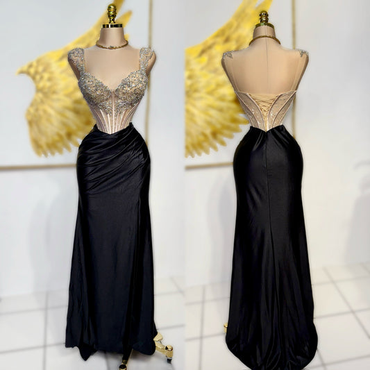 Vestido negro satín corset pedrería