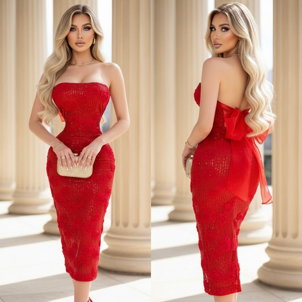 Vestido rojo lentejuelas flores bordadas ❤️