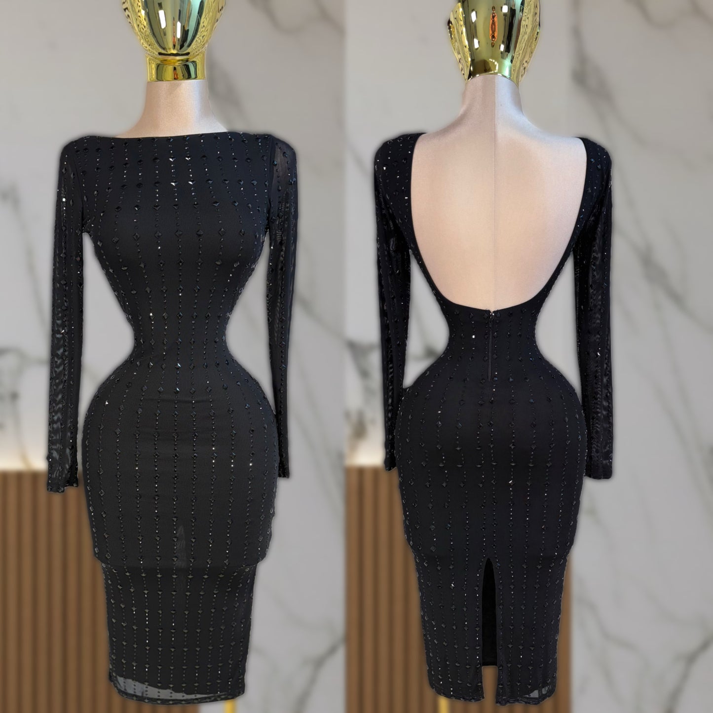 Vestido negro pedrería escote