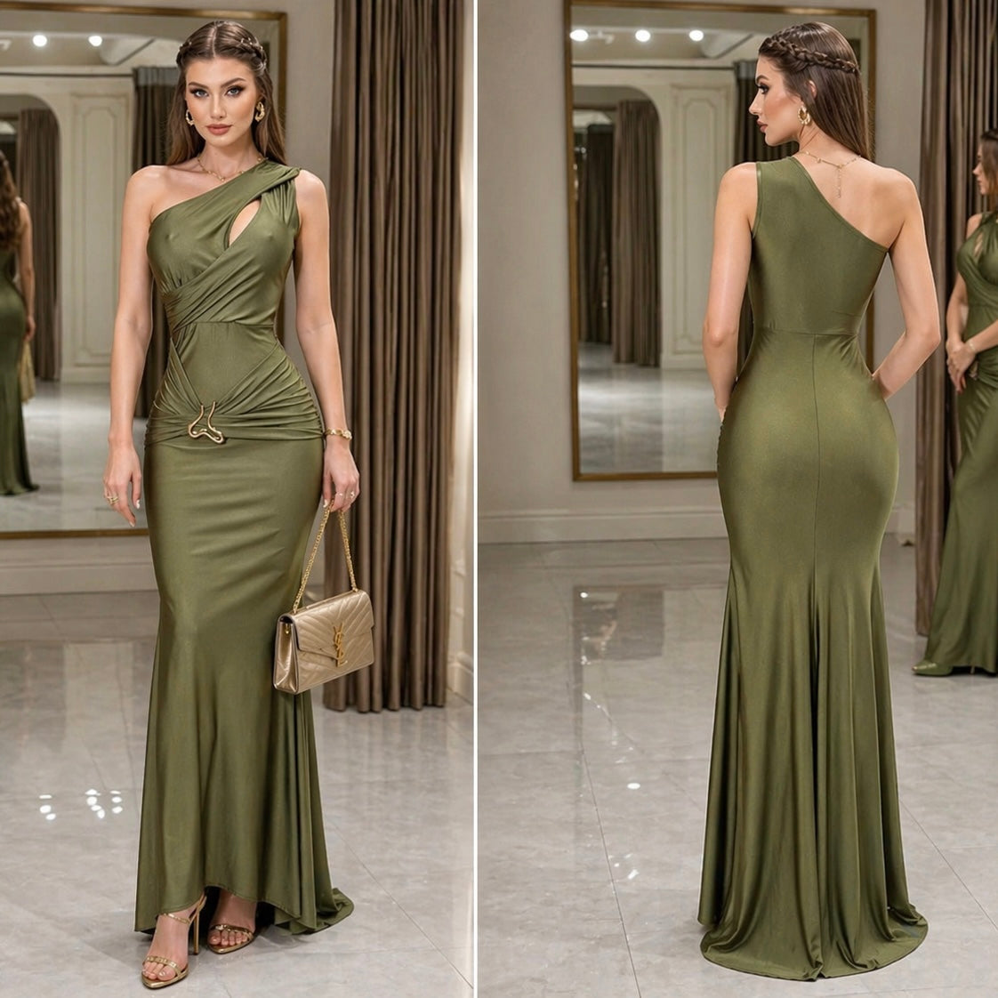 Vestido verde olivo broche dorado 💚✨