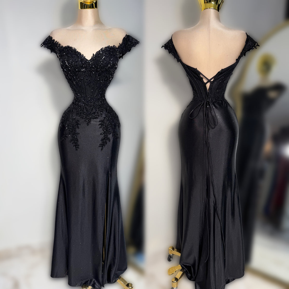 Vestido negro corset pedrería y glitter ✨🖤