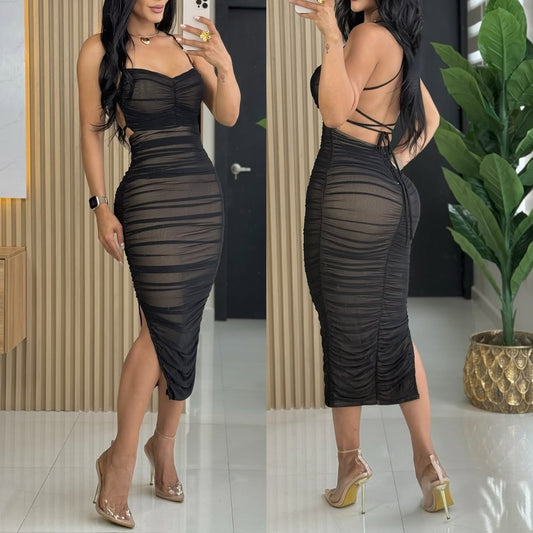 Vestido negro mesh fondo nude 🖤