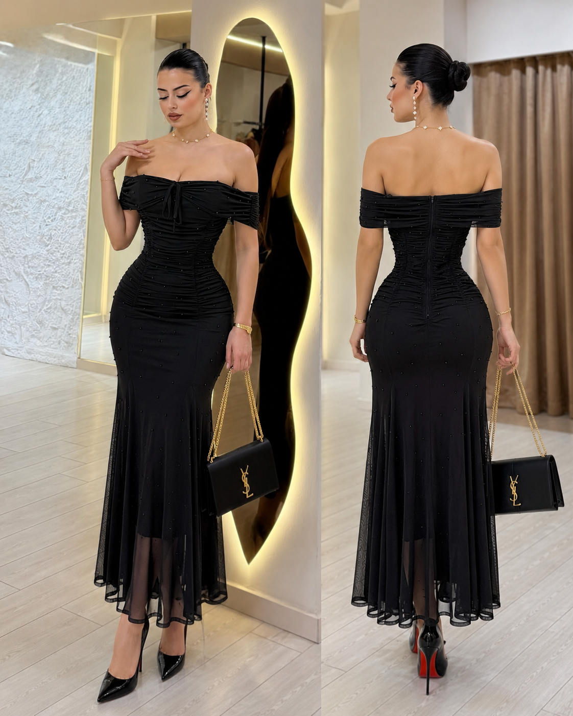 Vestido negro mesh con perlas 🖤
