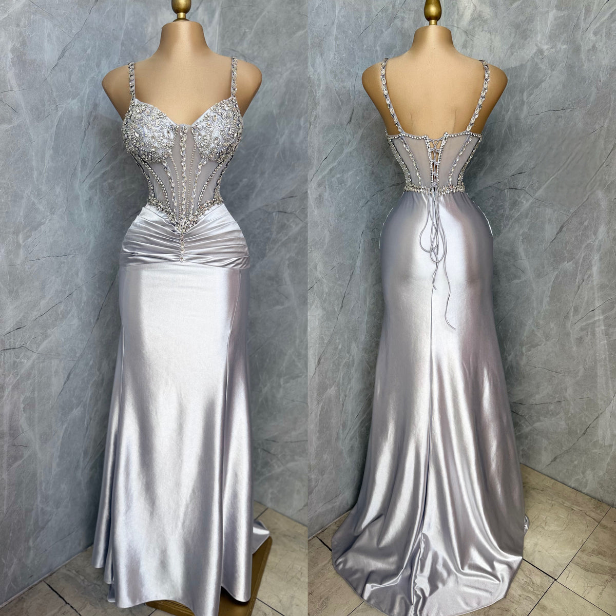 Vestido plateado pedrería corset 🩶